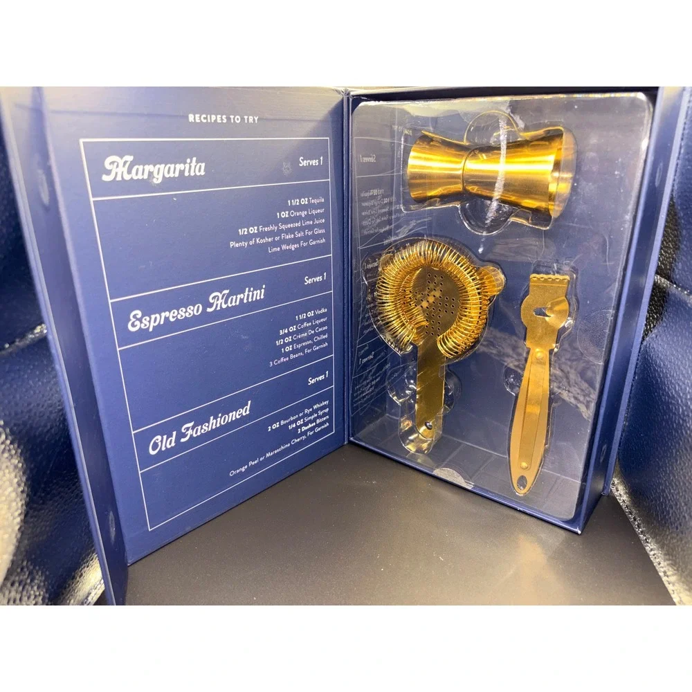 Essential Cocktail Tools Set Gold Jigger Strainer Zester Mixology Gift Set New